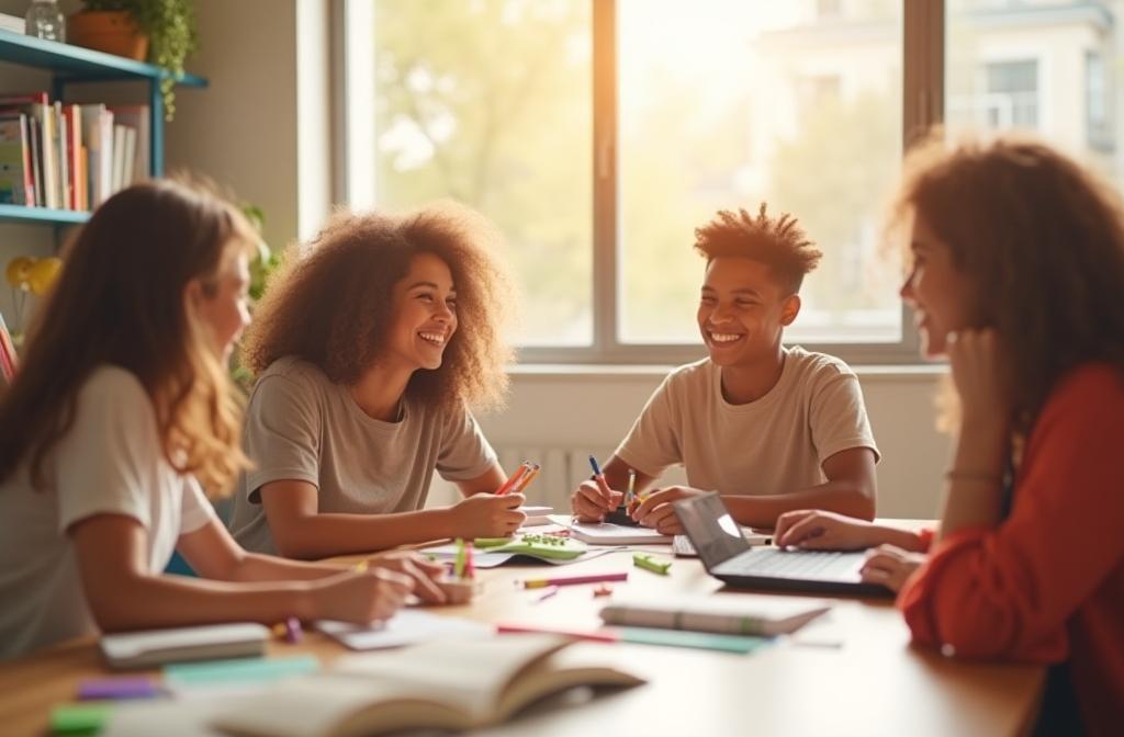 Inspiring image representing Aristo Decor's support for Project Vidya, showing diverse young people collaborating happily in a bright learning environment.